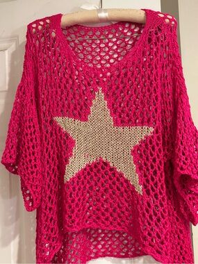 Bright Pink Open-Knit Star Sweater